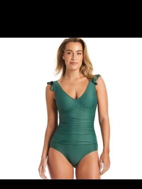 Ellen Tracy Teal Green Ruffle-Shoulder One-Piece Swimsuit